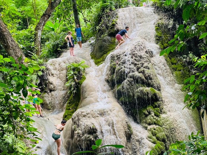 The waterall is made of limestone and easy to walk on